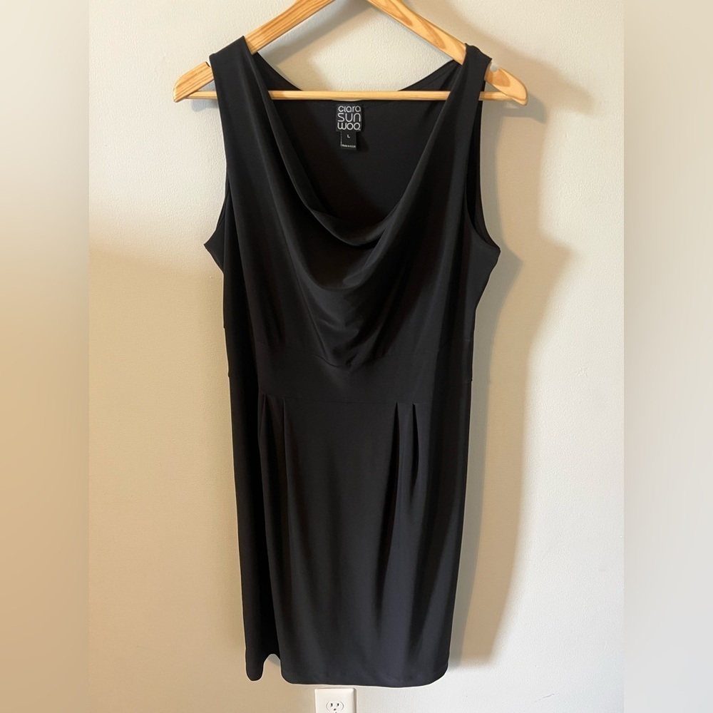 Clara Sun Woo Sleeveless Black Draped Cowl Neck Jersey Knit Dress Size Large